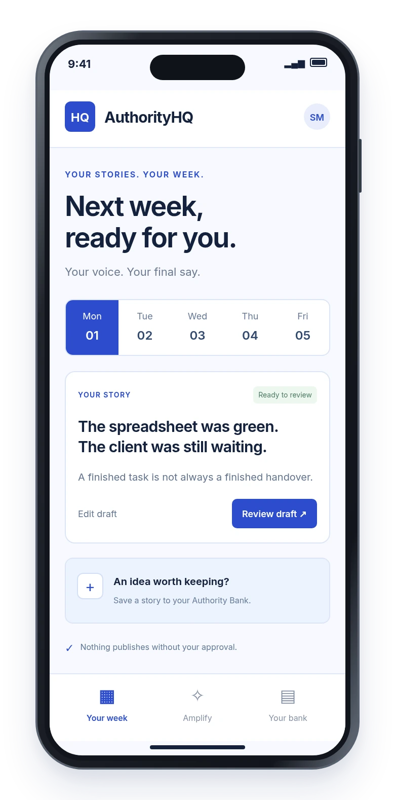 Illustrative AuthorityHQ mobile app concept in an iPhone-style device